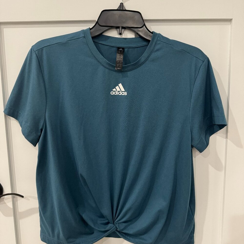 Adidas Teal Moisture Absorbing Sporty T-shirt Knotted Front Girl Size Large